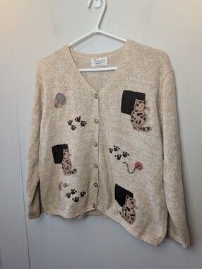 VTG FIBERWORKS Cardigan Cat Pattern No Size (Medium Approx) Hand Embroidered